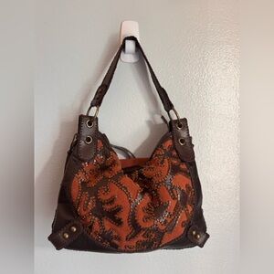 Isabella Fiore Vintage Brown and Orange Copper Embroidered Hobo Bag
